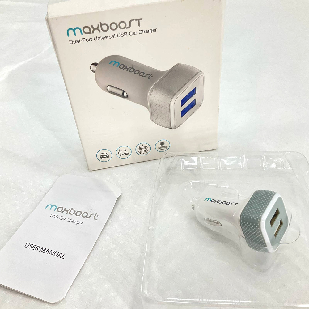maxboost Dual-Port Universal USB Car Charger, white & gray